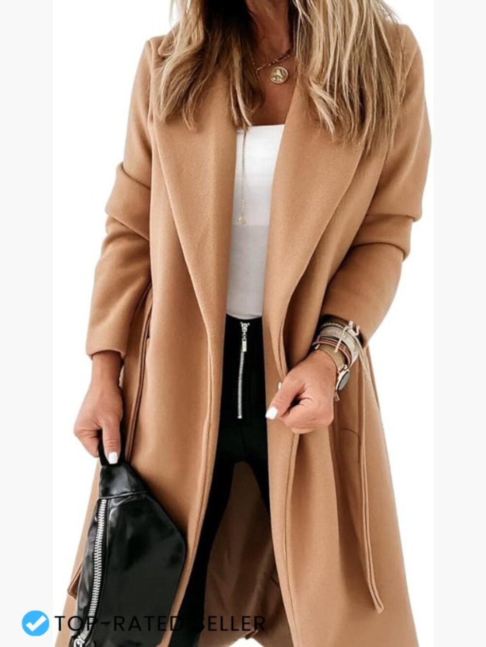 Classic Longline Peacoat with Lapel Collar and Self-Tie Belt for Women